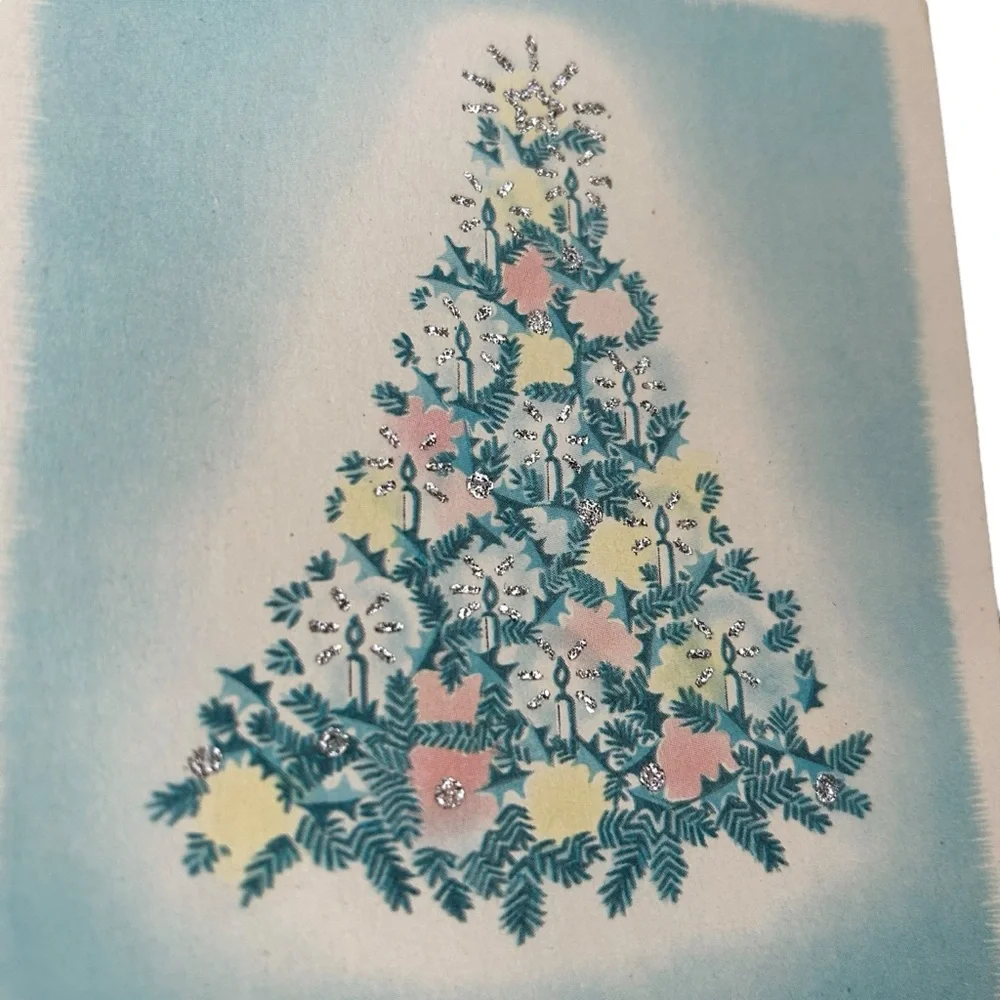 Vintage 40s 50s Greeting Card Watercolor Christmas Tree Retro Art MCM Ephemera